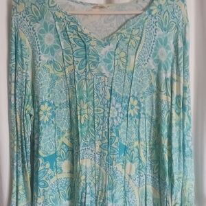 Blue Relaxed Pleated Long Sleeve Blouse